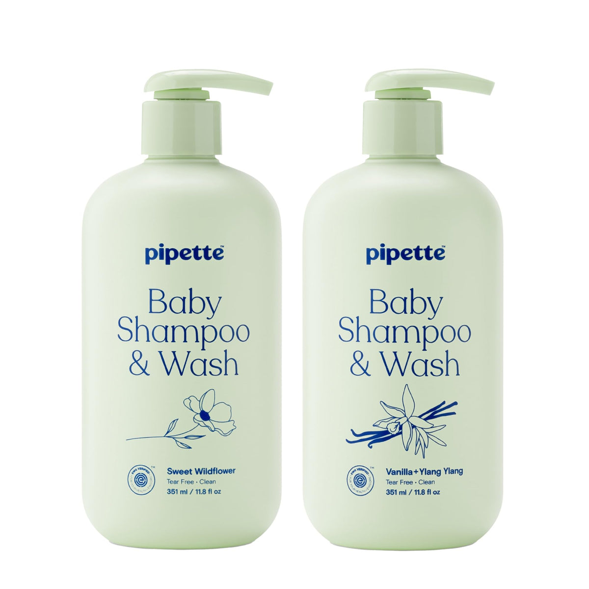 Pipette Baby Shampoo + Wash Discovery Duo pack front view with Sweet Wildflower and Vanilla + Ylang Ylang scents