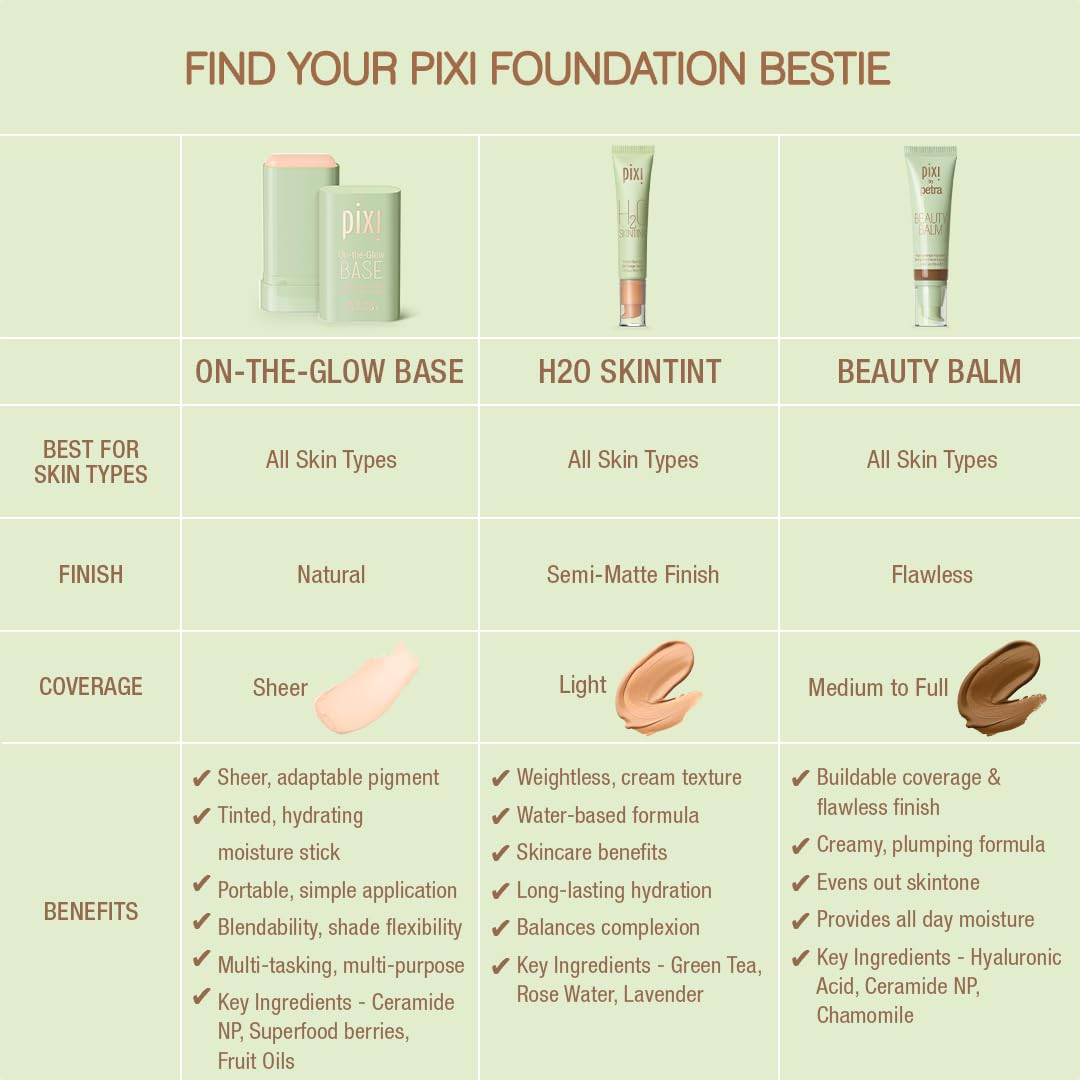 Pixi On-the-Glow Base Tinted Moisturiser Foundation Stick shade chart