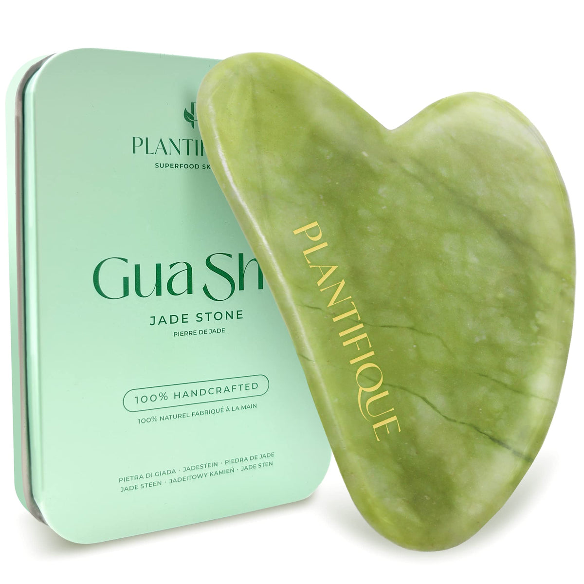 PLANTIFIQUE Jade Gua Sha Facial Tool front view