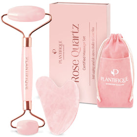 PLANTIFIQUE Rose Quartz Gua Sha and Face Roller Set front view