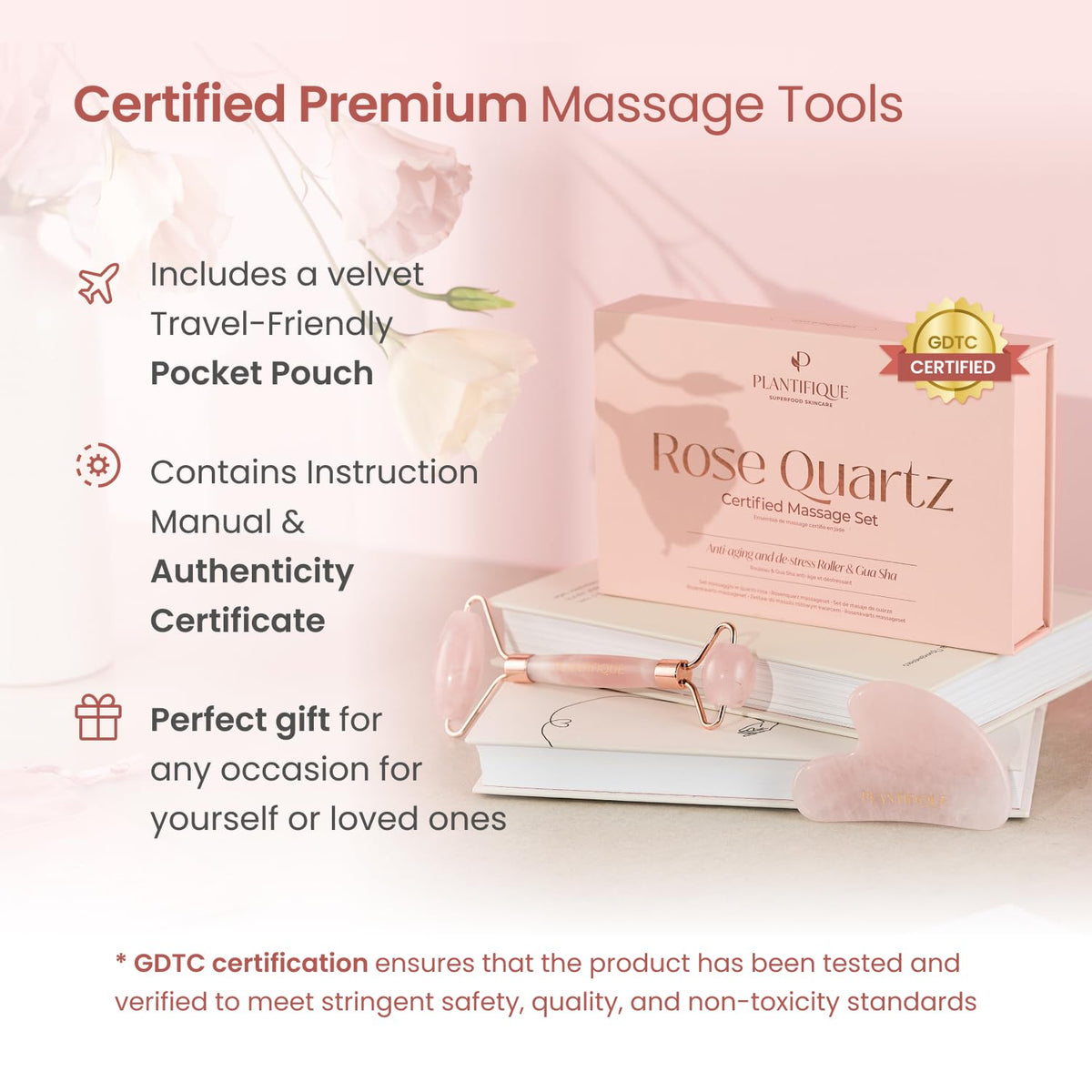 PLANTIFIQUE Rose Quartz Gua Sha and Face Roller Set on a vanity