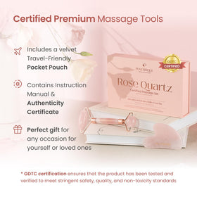 PLANTIFIQUE Rose Quartz Gua Sha and Face Roller Set on a vanity