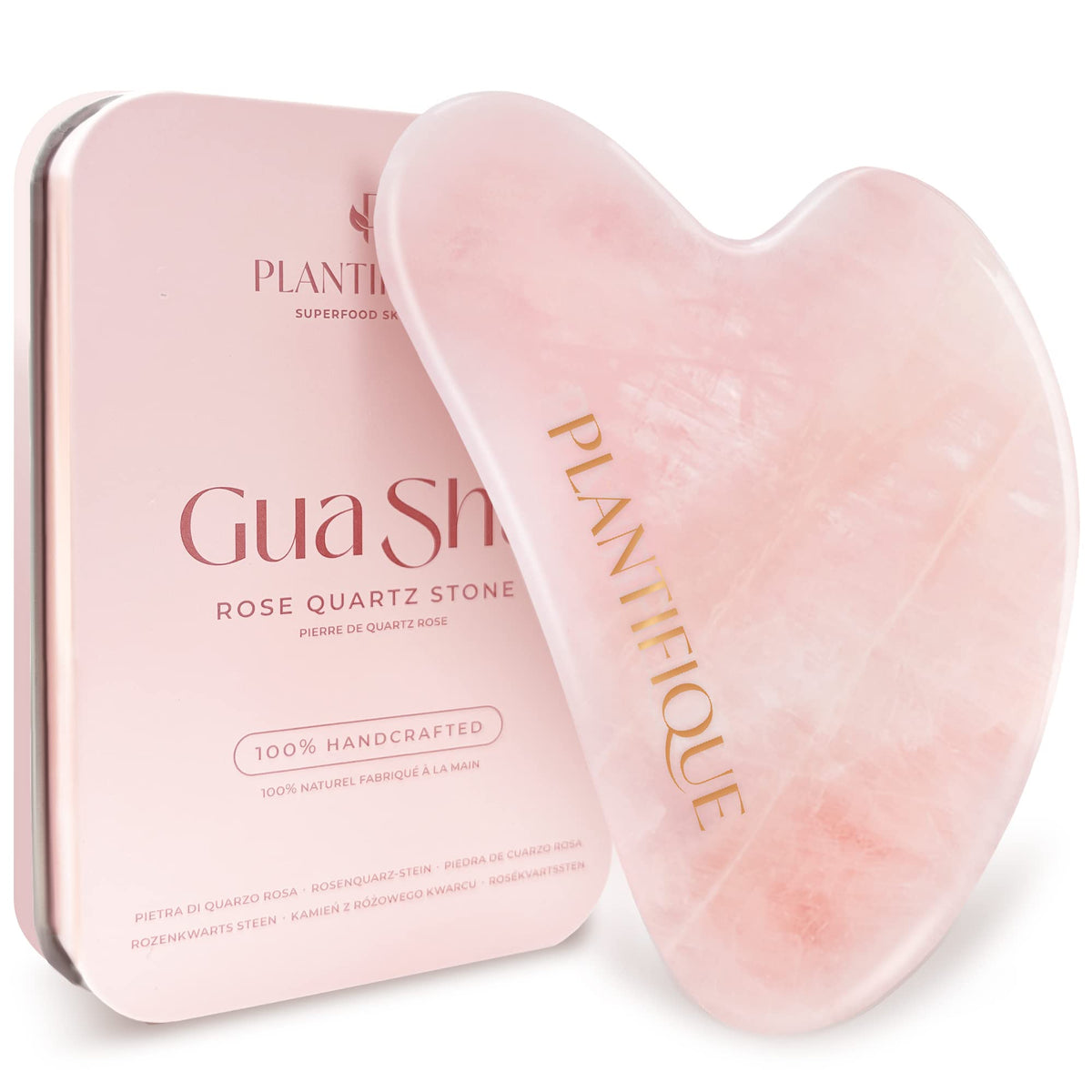 PLANTIFIQUE Rose Quartz Gua Sha tool front view