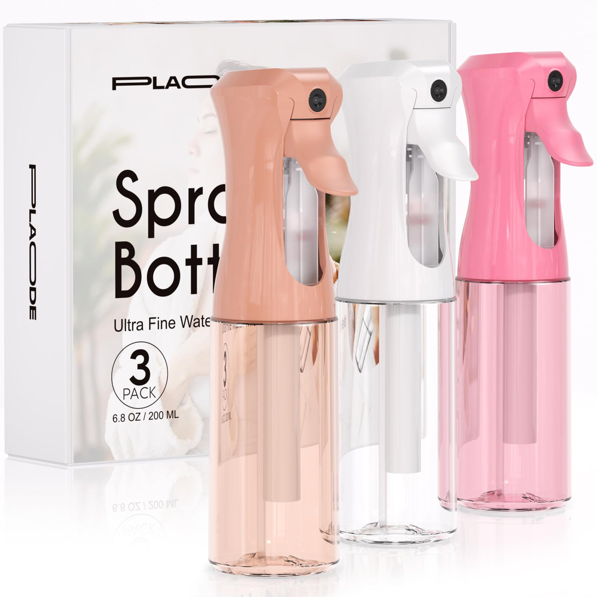 Plaode Continuous Spray Bottle Set 3 Pack in white, pink, and terracotta