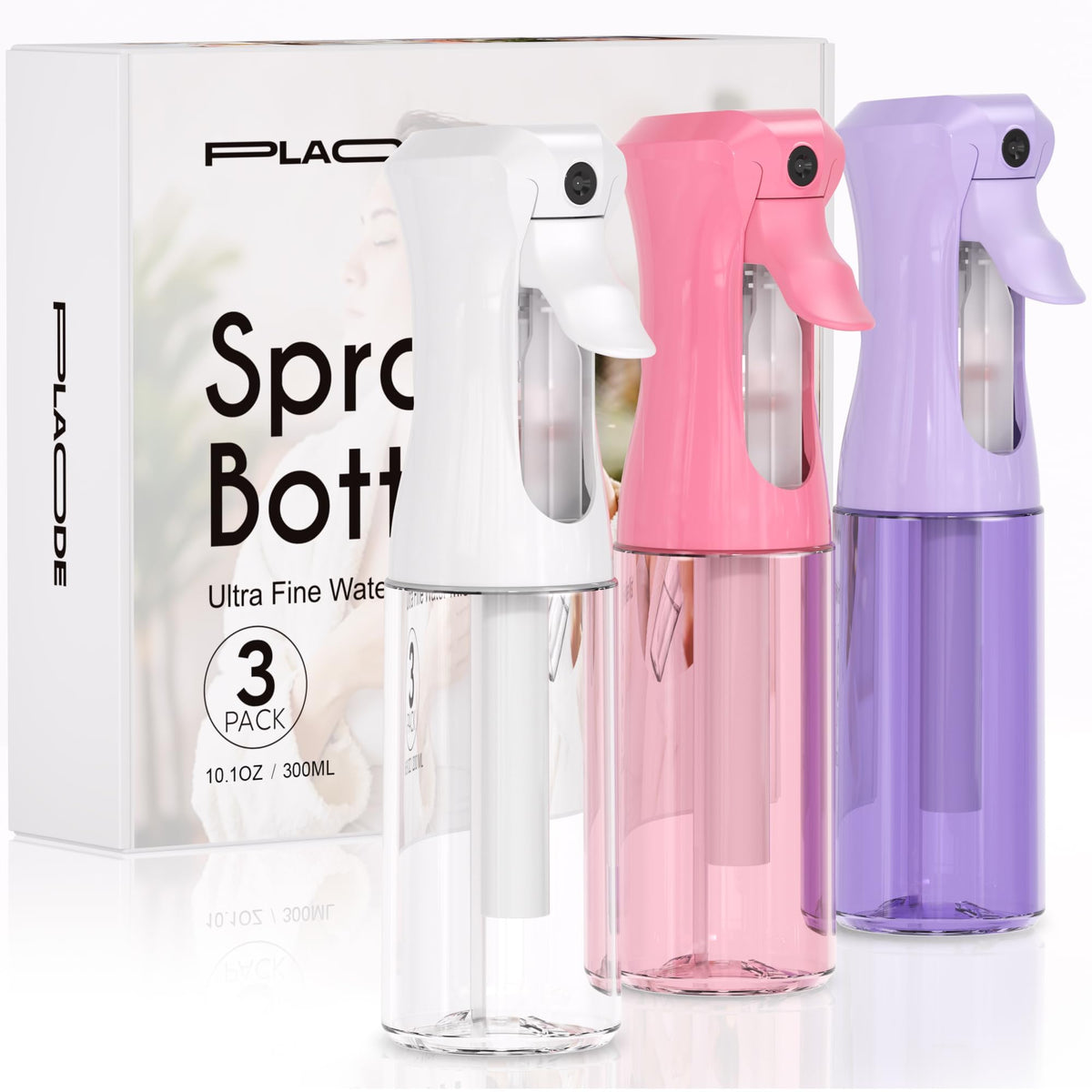 Plaode Continuous Spray Bottle Set in three colours: white, pink, and purple