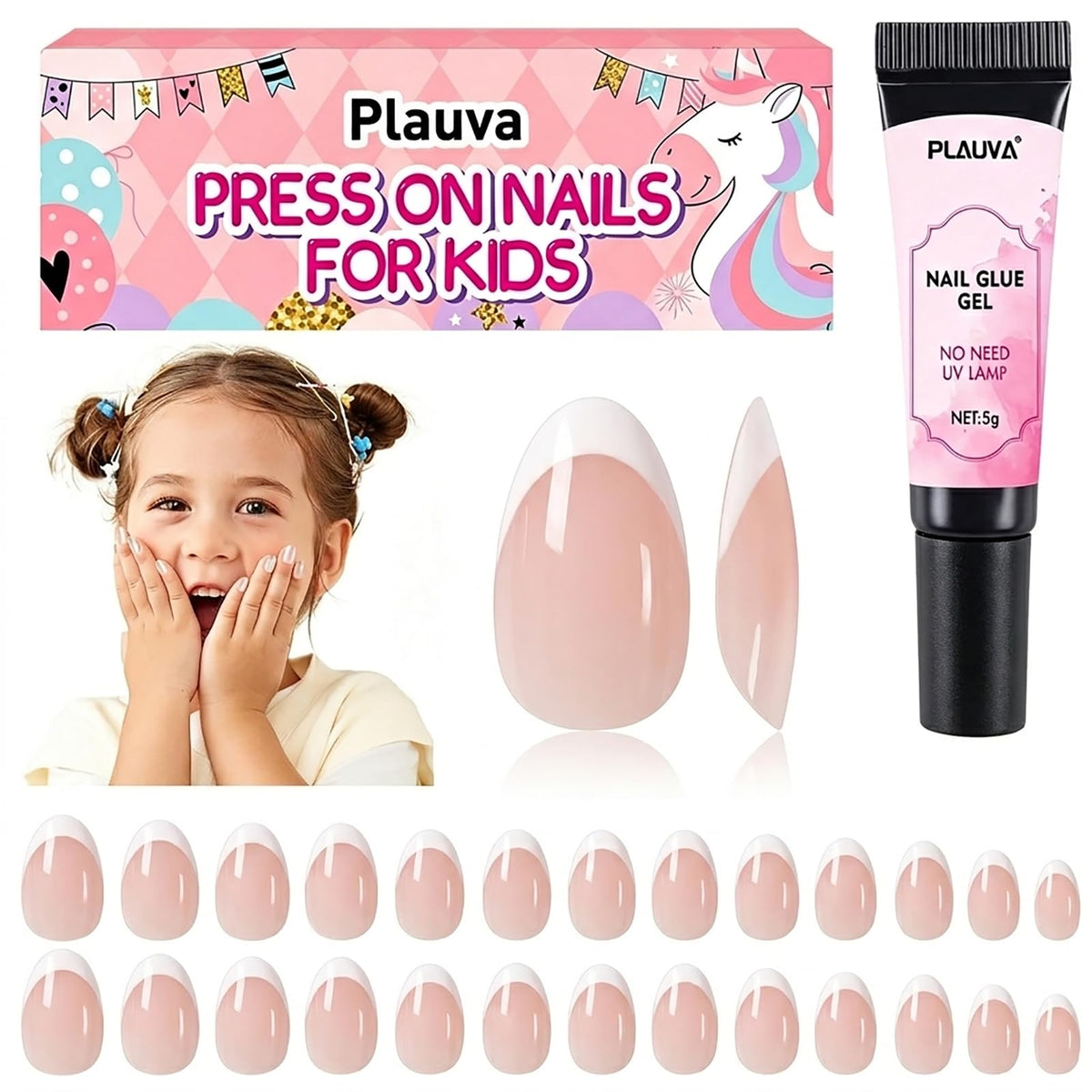 Plauva 26 Pieces French Tip Press on Nails for Kids front view