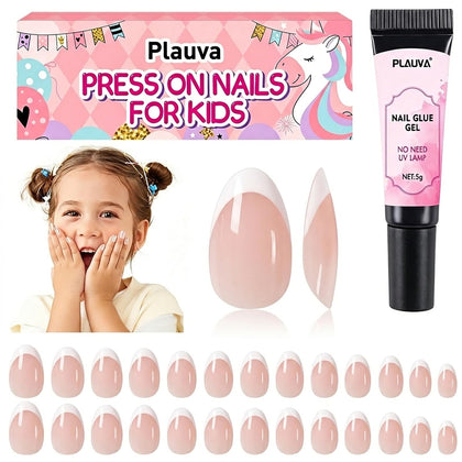 Plauva 26 Pieces French Tip Press on Nails for Kids front view