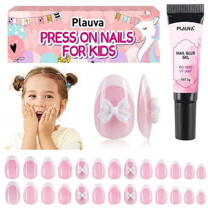 Plauva 26Pcs Press on Nails for Kids front view with French tip design