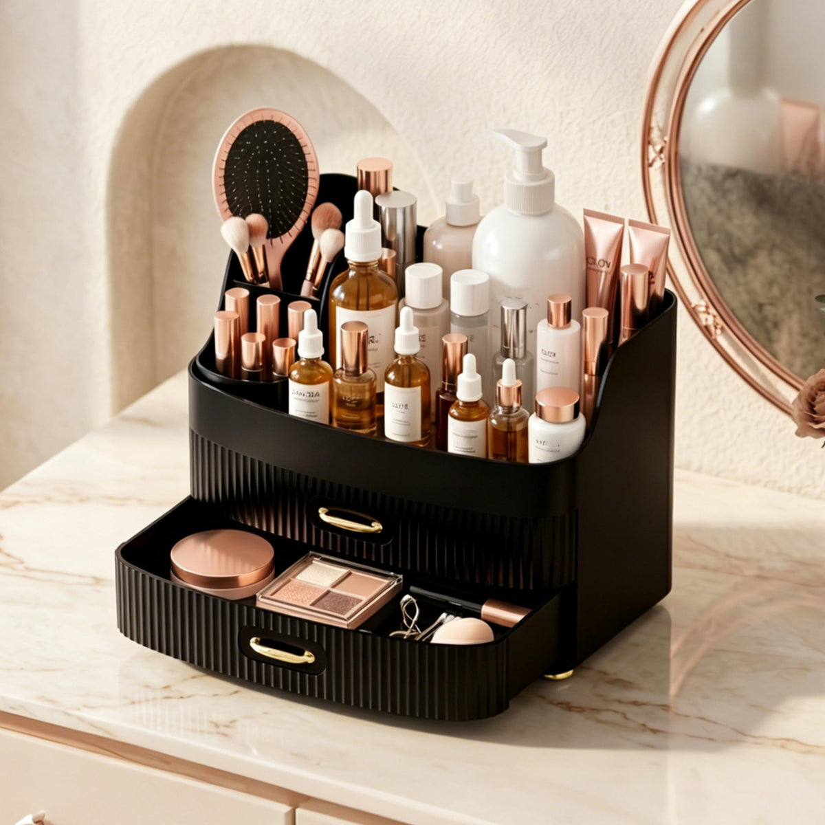 Plukers Makeup Organizer side view showing brush holder