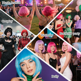 PLULON Black Bob Wig styled for a Halloween costume