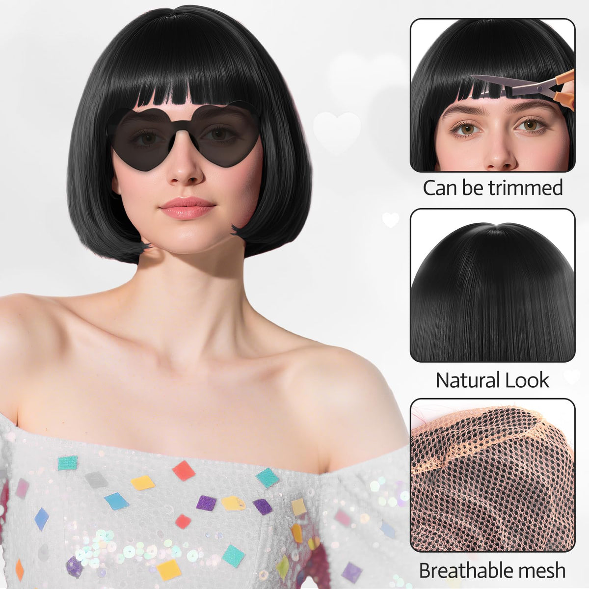 PLULON Black Bob Wig with hair cap and heart sunglasses