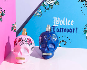 Police To Be Tattooart Eau de Parfum in hand with floral background