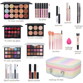 pomcral All In One Makeup Kit contents including lip gloss and brushes