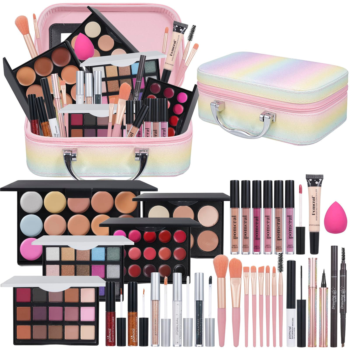 pomcral All In One Makeup Kit front view with eyeshadow palettes