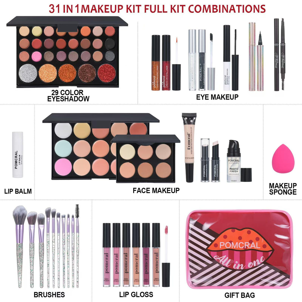 pomcral Makeup Kit travel bag with various makeup items
