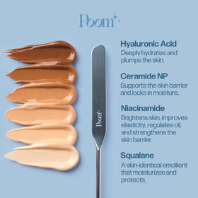 Poom Natural Glow Hydrating Foundation Deep Tan Neutral #500 with makeup brushes