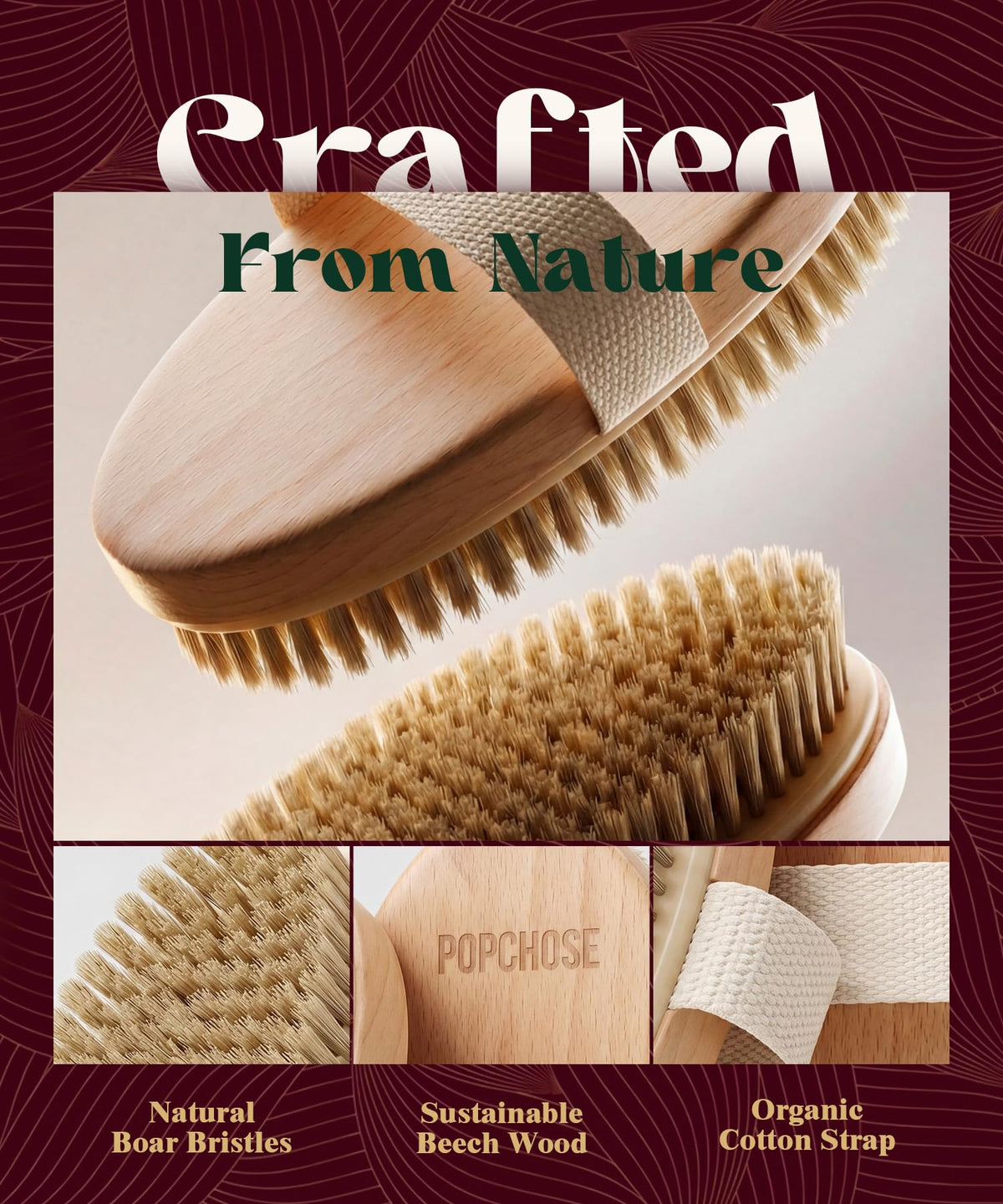 POPCHOSE Dry Brushing Body Brush with cotton strap for grip
