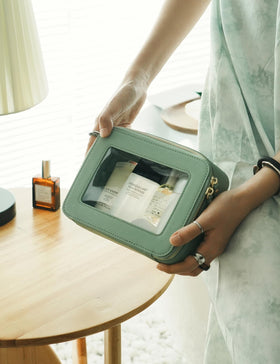 Popvibe Clear Makeup Bag displayed with makeup products