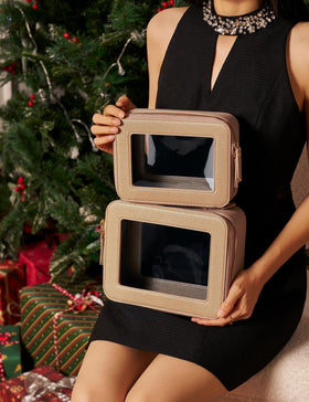 Popvibe Clear Makeup Bag displayed with travel essentials