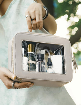 Popvibe Clear Makeup Bag filled with cosmetics