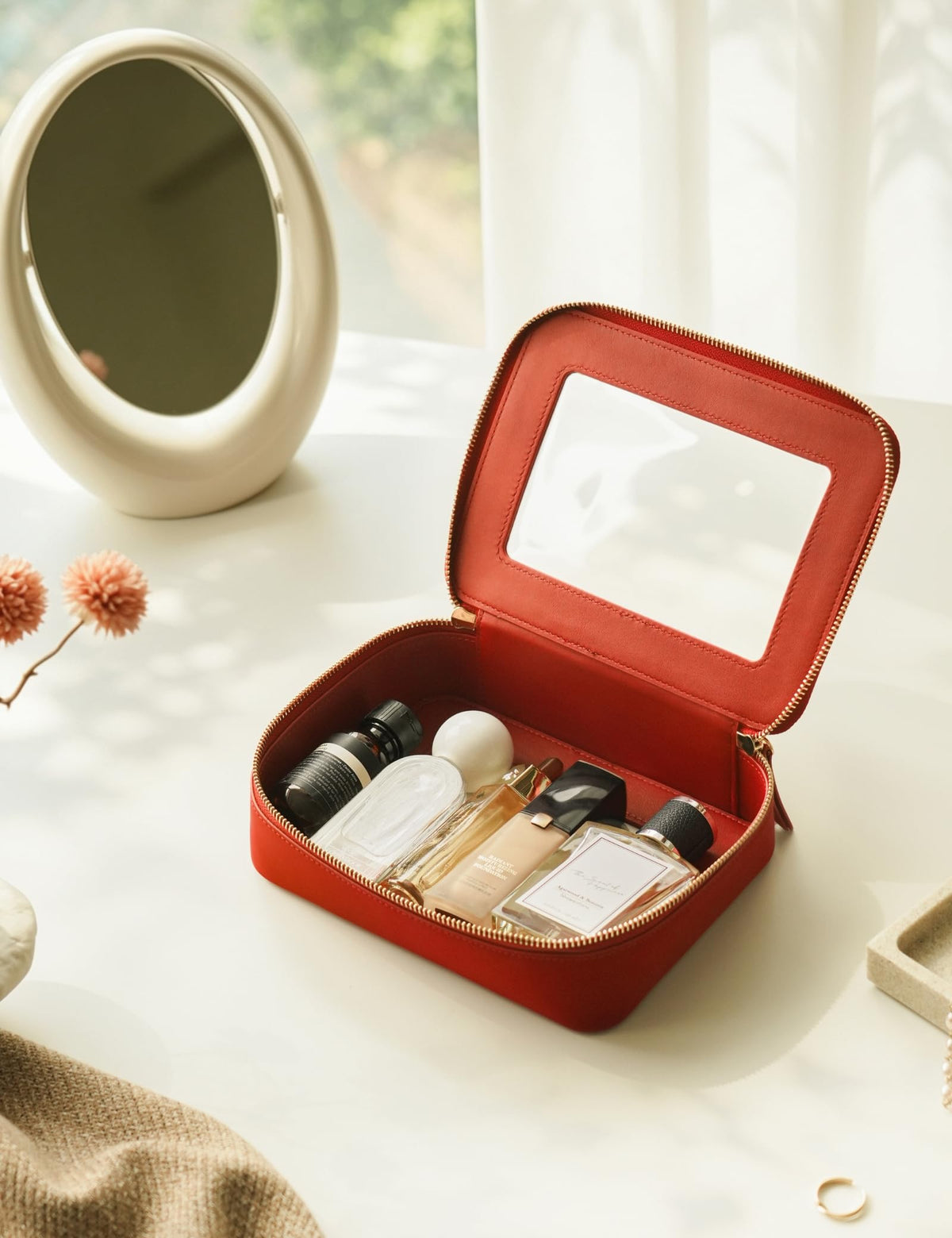 Popvibe Clear Makeup Bag in a travel setting