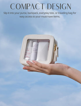 Popvibe Clear Makeup Bag set displayed with travel items