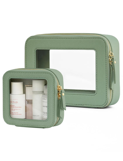 Popvibe clear makeup bag set mini and medium sage green front view