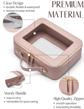Popvibe Clear Makeup Bag set on a travel suitcase