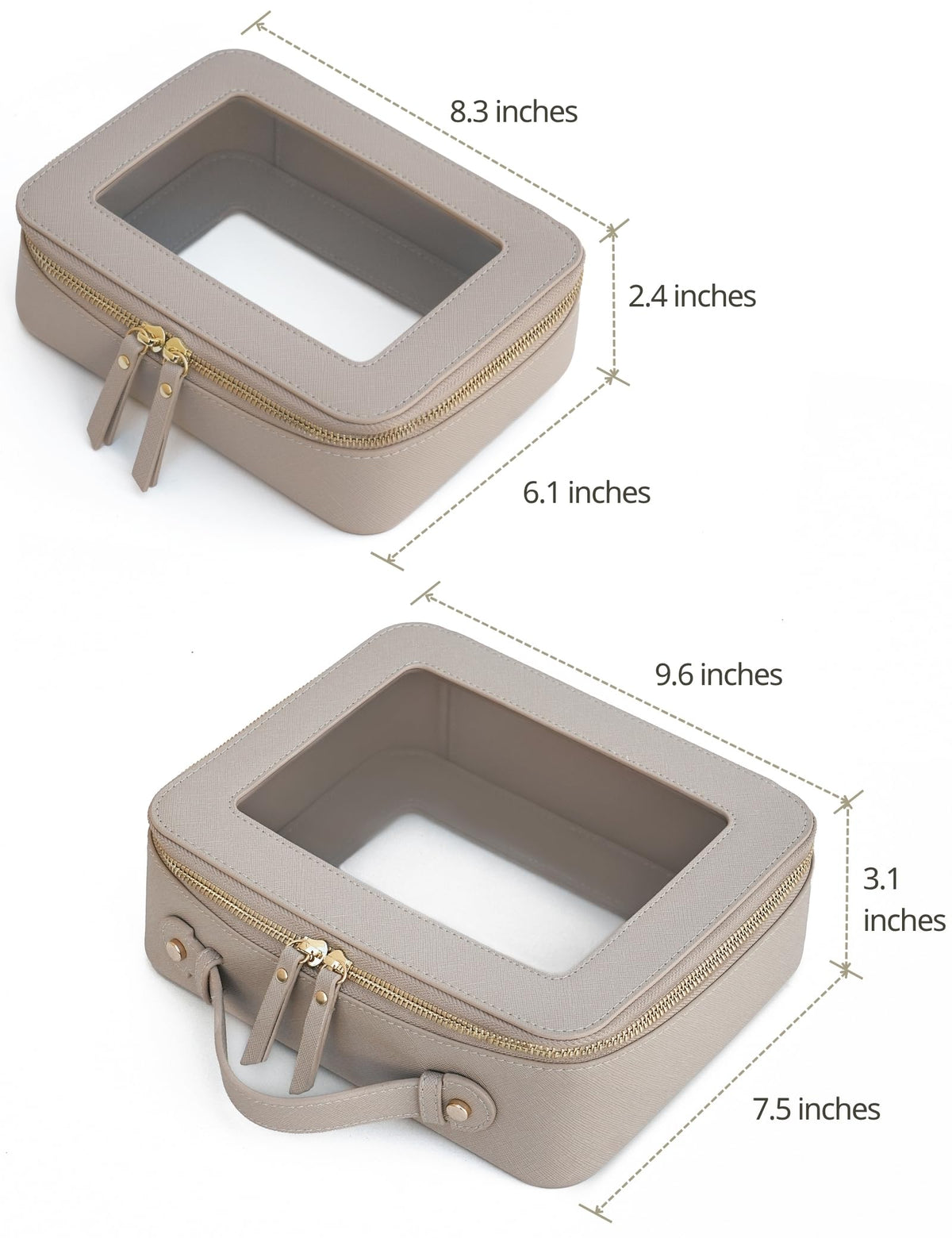 Popvibe Clear Makeup Bag Set showing zipper and saffiano faux leather