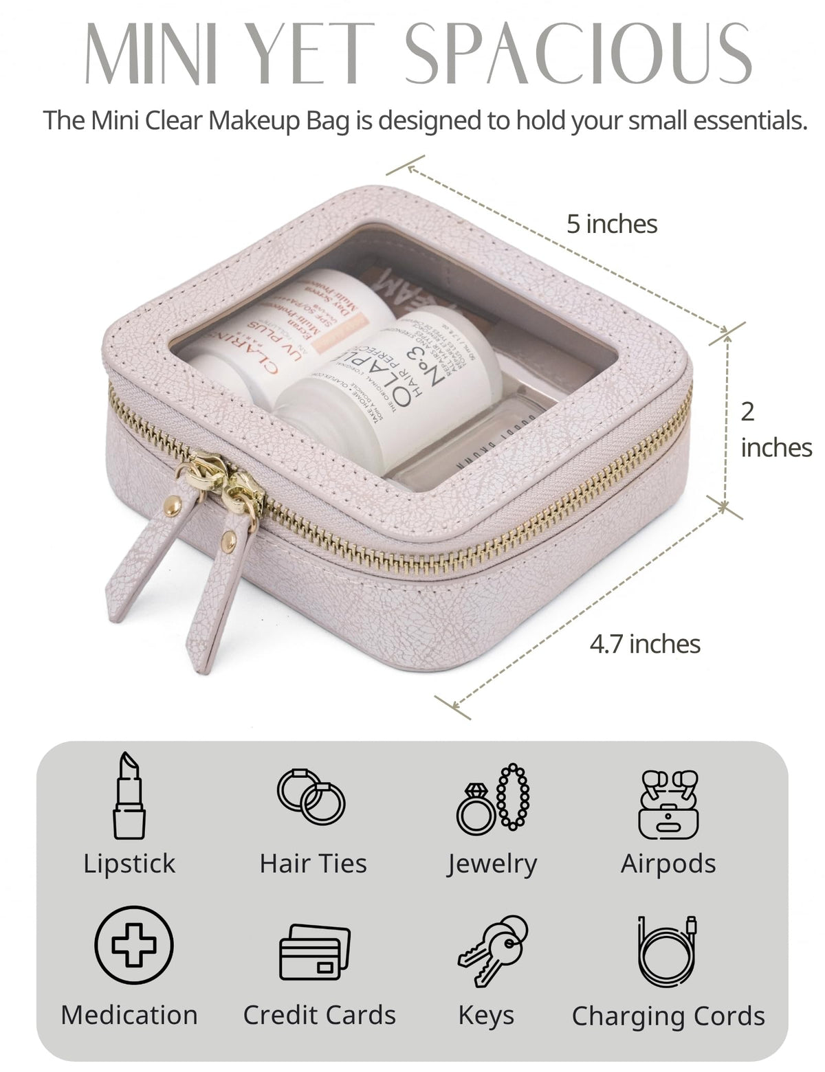 Popvibe Clear Makeup Bag showing zipper and gold hardware