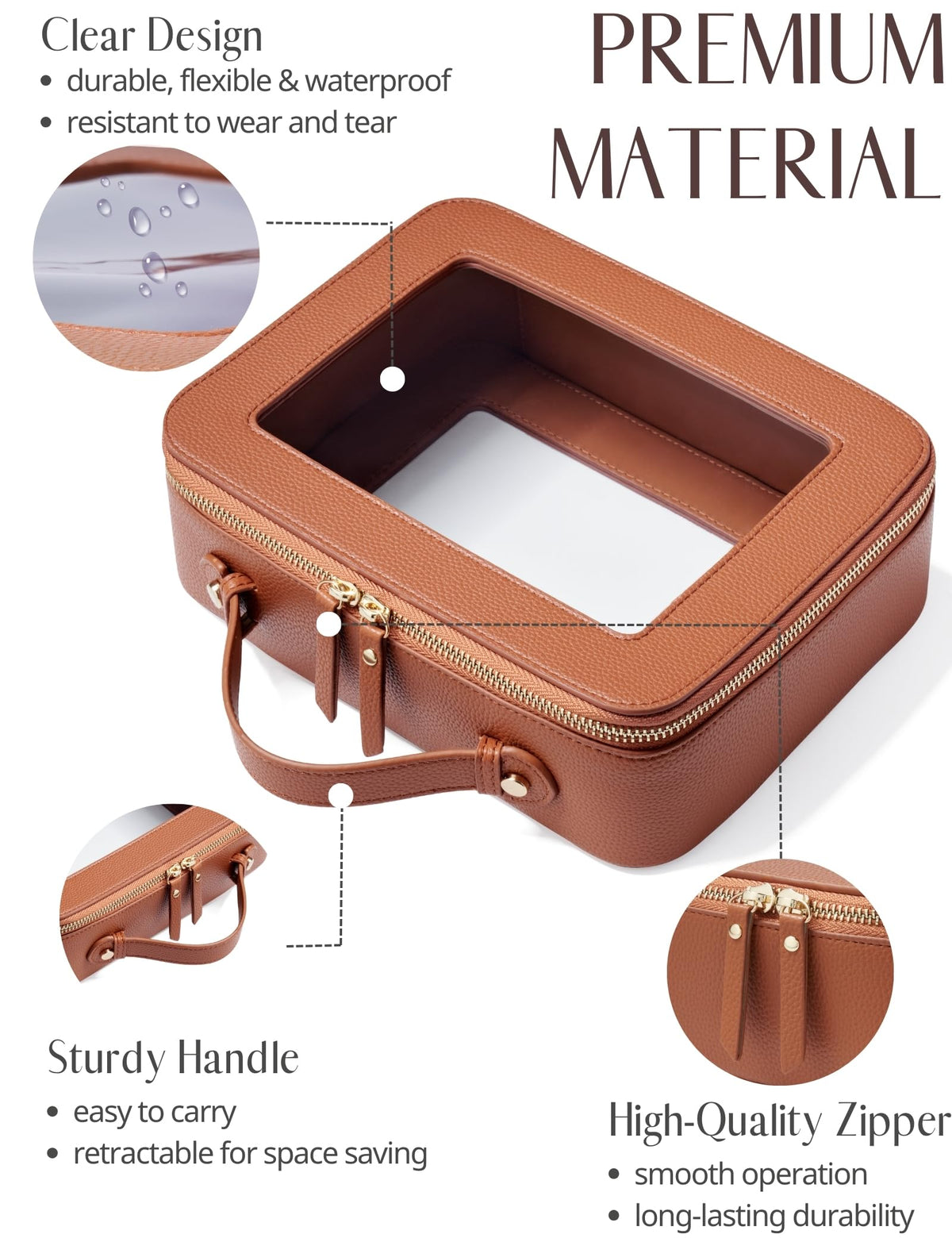 Popvibe Clear Makeup Bag showing zipper and gold hardware
