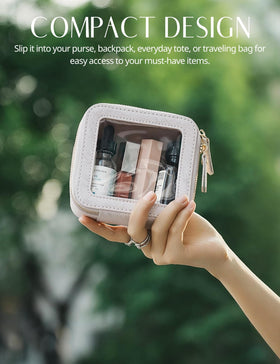 Popvibe Clear Makeup Bag side view with essentials inside