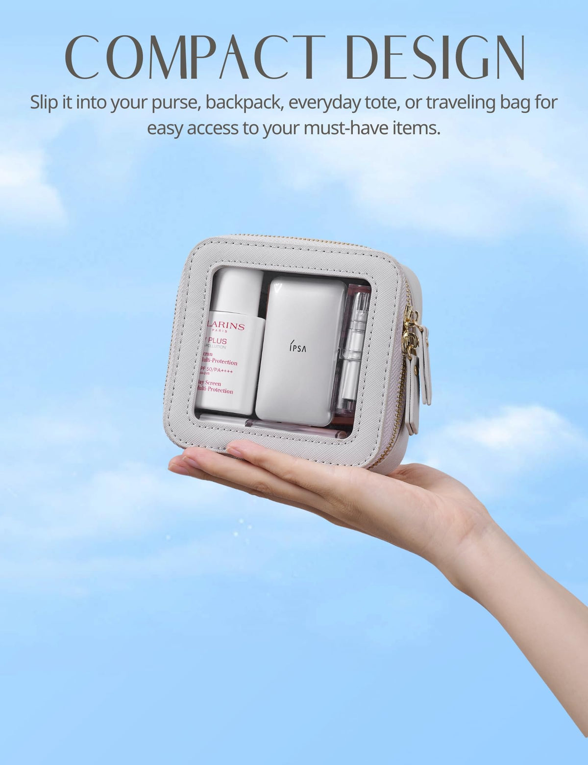 Popvibe clear makeup case being used on a vanity