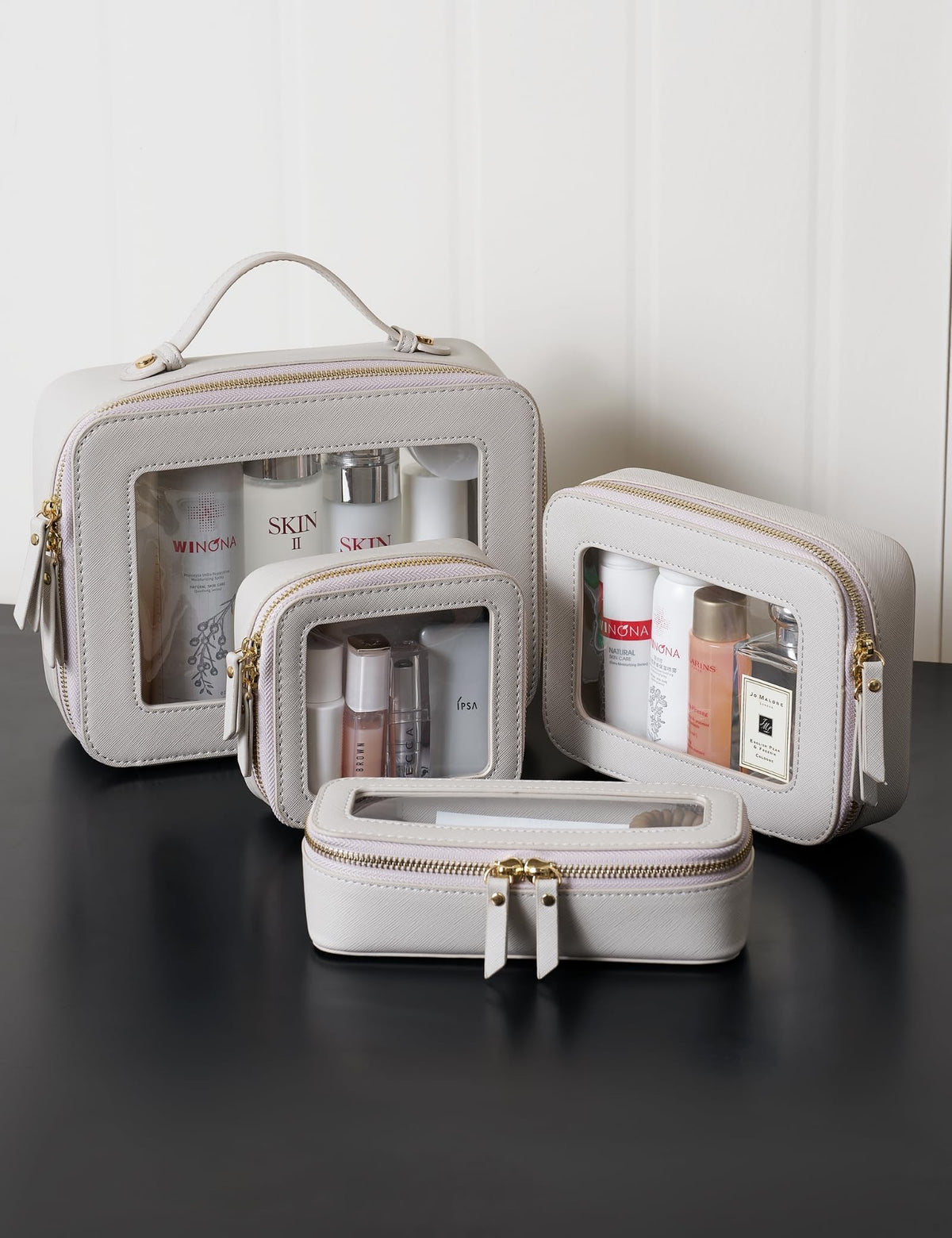 Popvibe Clear Makeup Case Set displayed on a bathroom counter