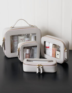 Popvibe Clear Makeup Case Set displayed on a bathroom counter