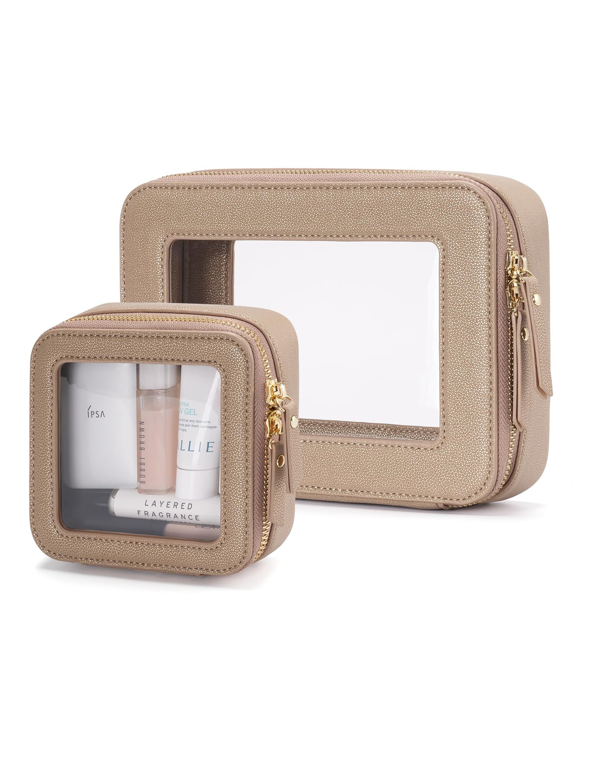 Popvibe Clear Makeup Case Set front view with mini and medium bags