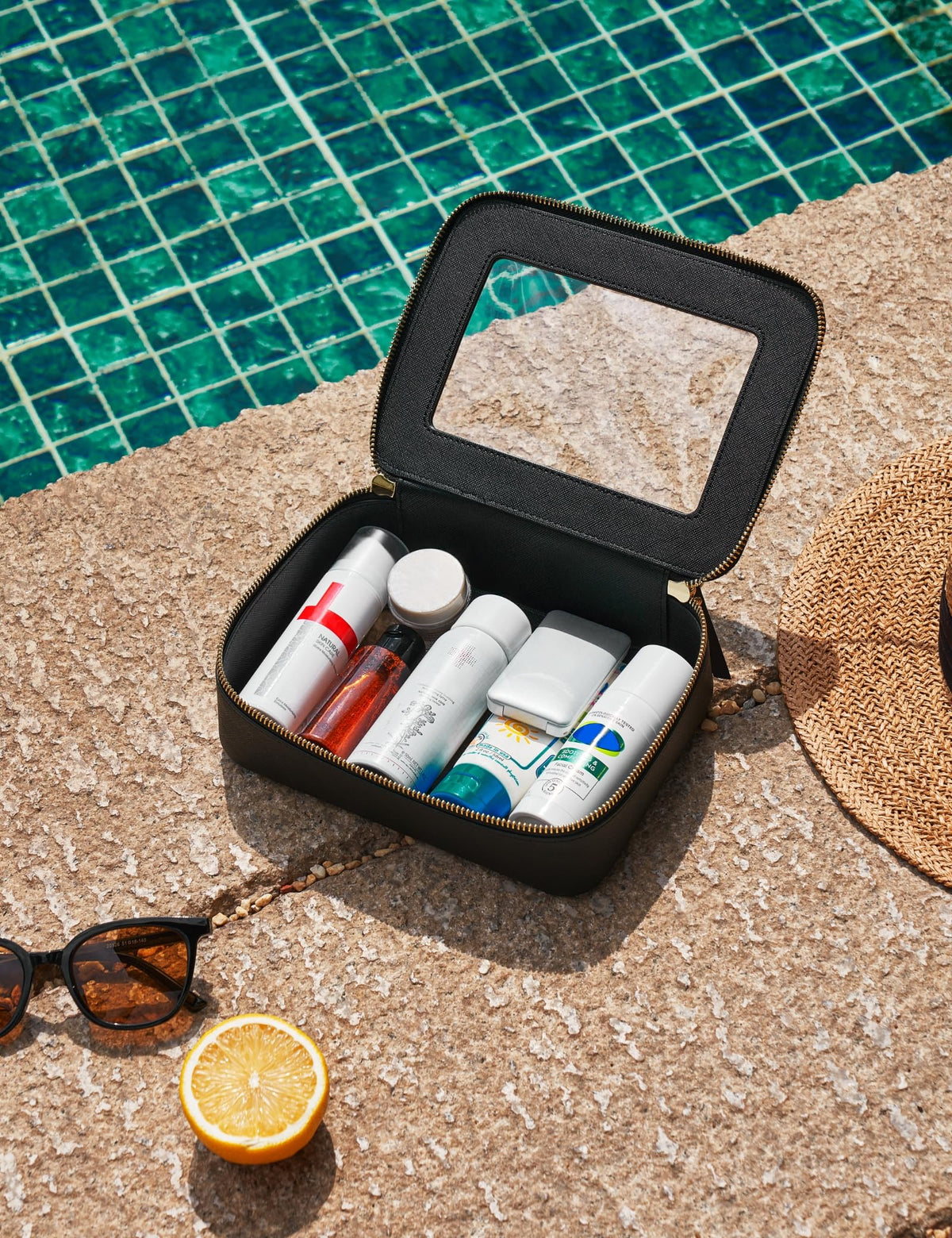 Popvibe Clear Toiletry Bag set displayed with travel essentials