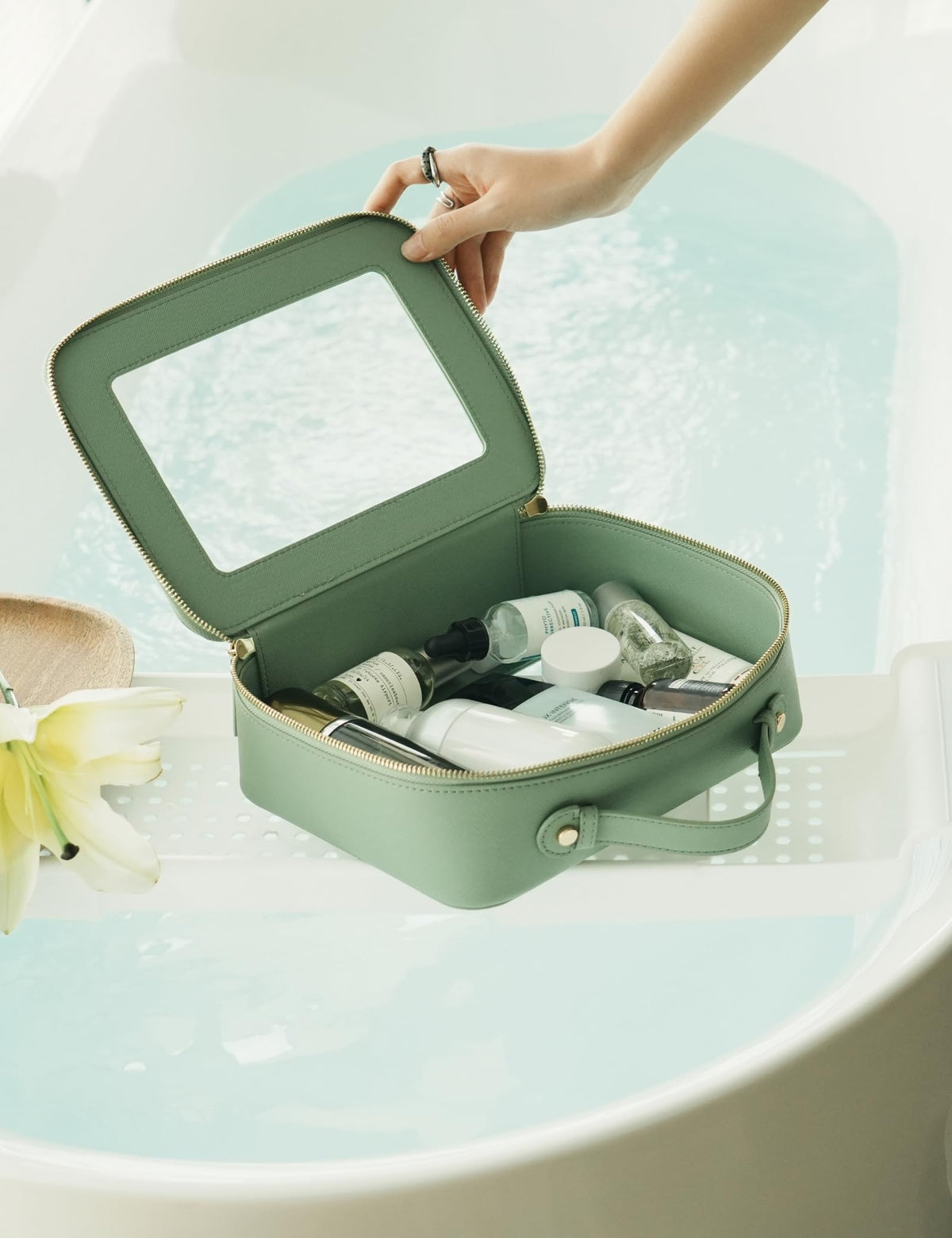 Popvibe Clear Toiletry Bag set on a bathroom counter
