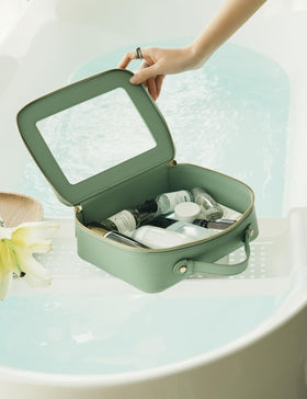 Popvibe Clear Toiletry Bag set on a bathroom counter