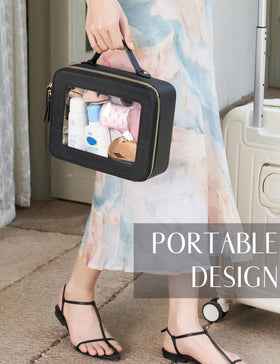 Popvibe Clear Toiletry Bag set on a bathroom counter with makeup products