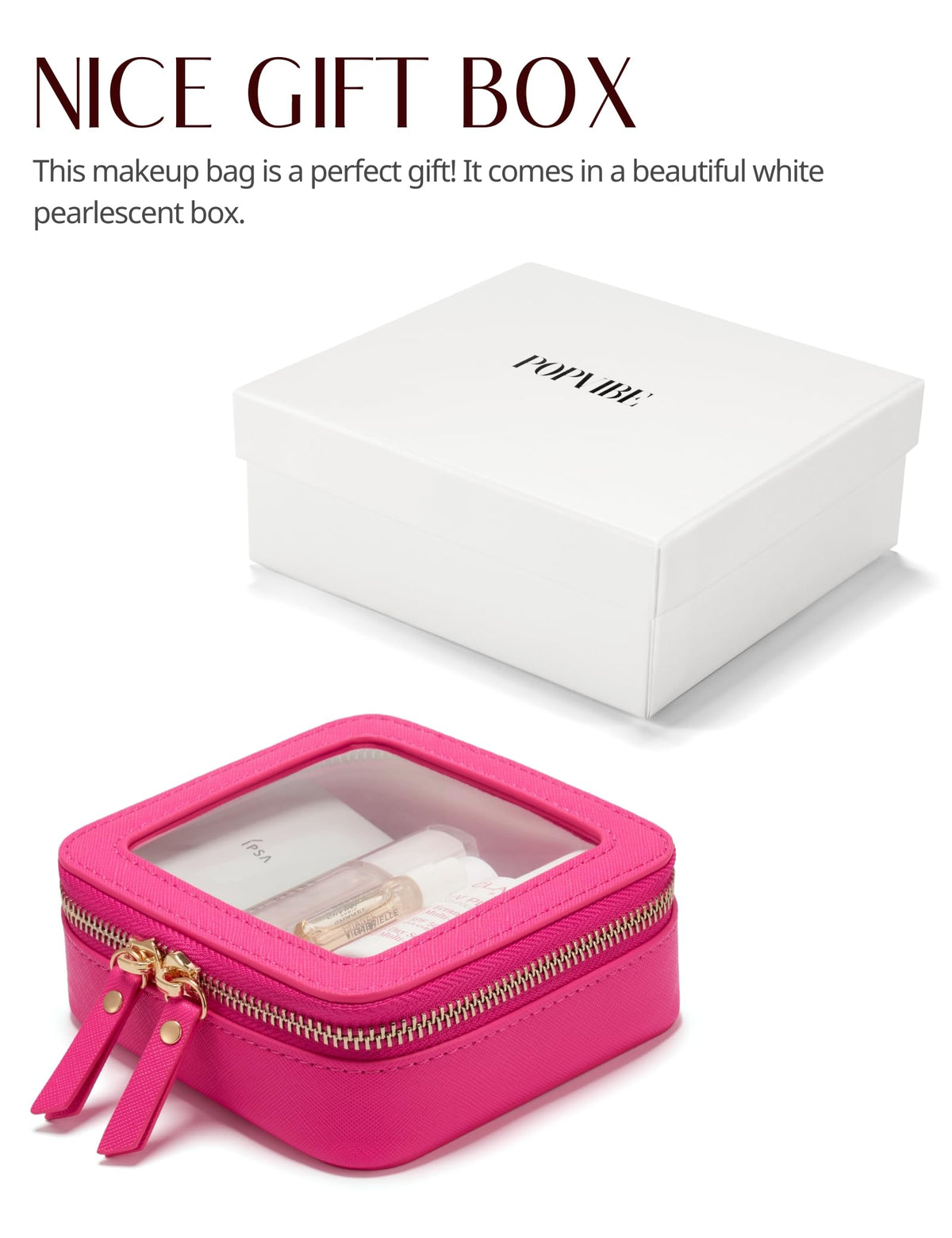 Popvibe Mini Makeup Bag hot pink packaging view