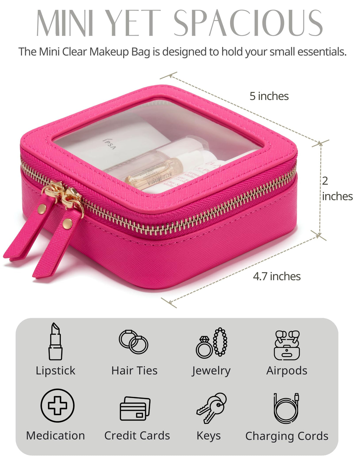 Popvibe Mini Makeup Bag hot pink showing inside with essentials