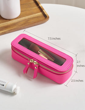 Popvibe Slim Makeup Brush Bag displayed on a vanity with cosmetics