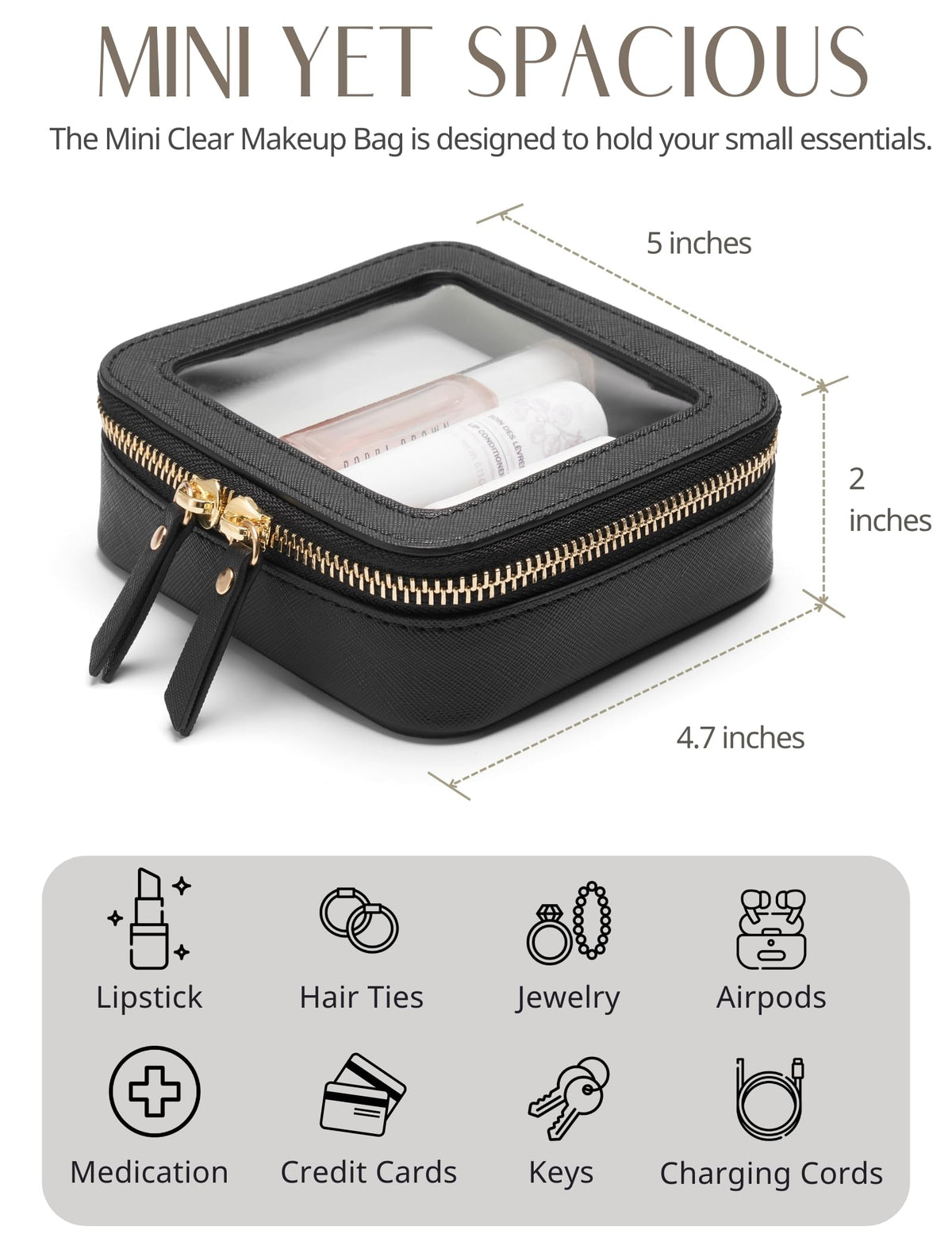 Popvibe Small Clear Makeup Bag open with cosmetics inside