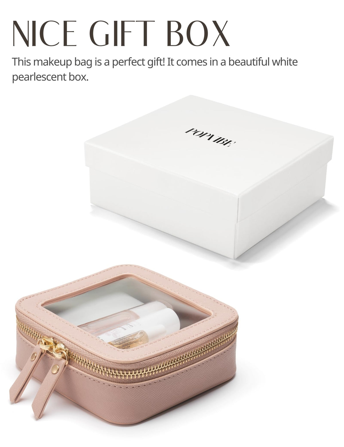 Popvibe Small Clear Makeup Bag with daily essentials inside