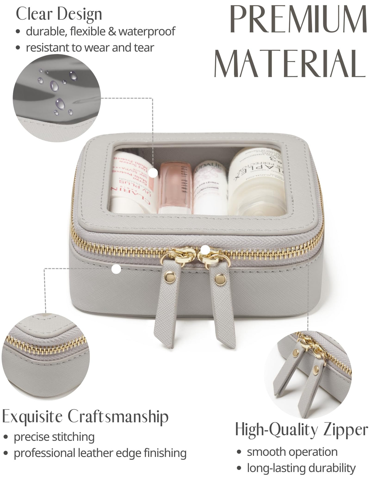Popvibe Small Cosmetic Bag showing smooth zipper and gold accents