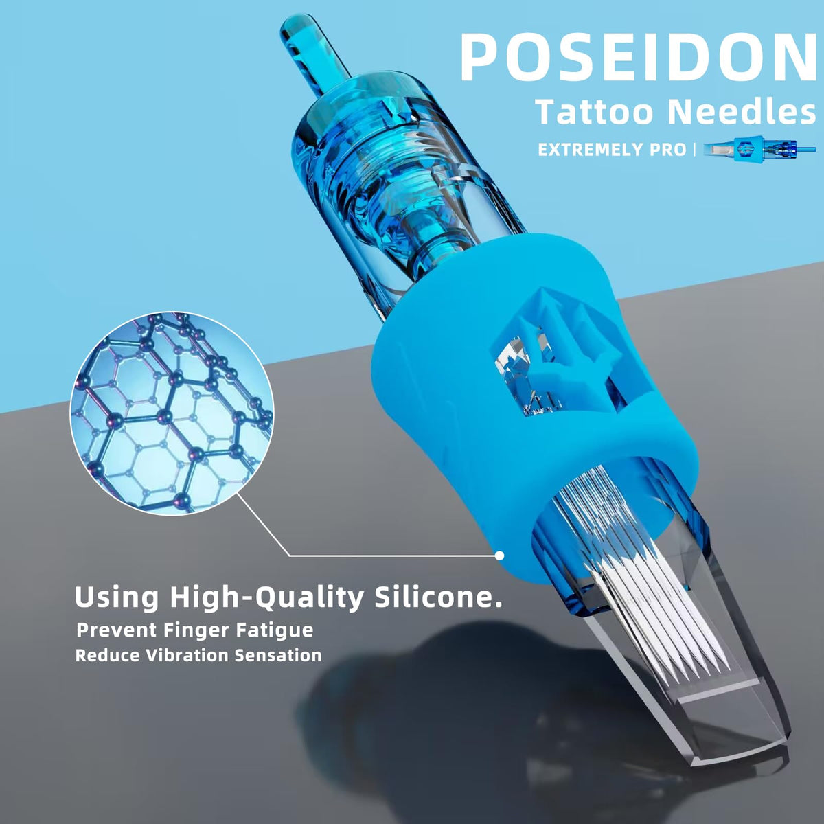 POSEIDON tattoo cartridge needle in use on skin