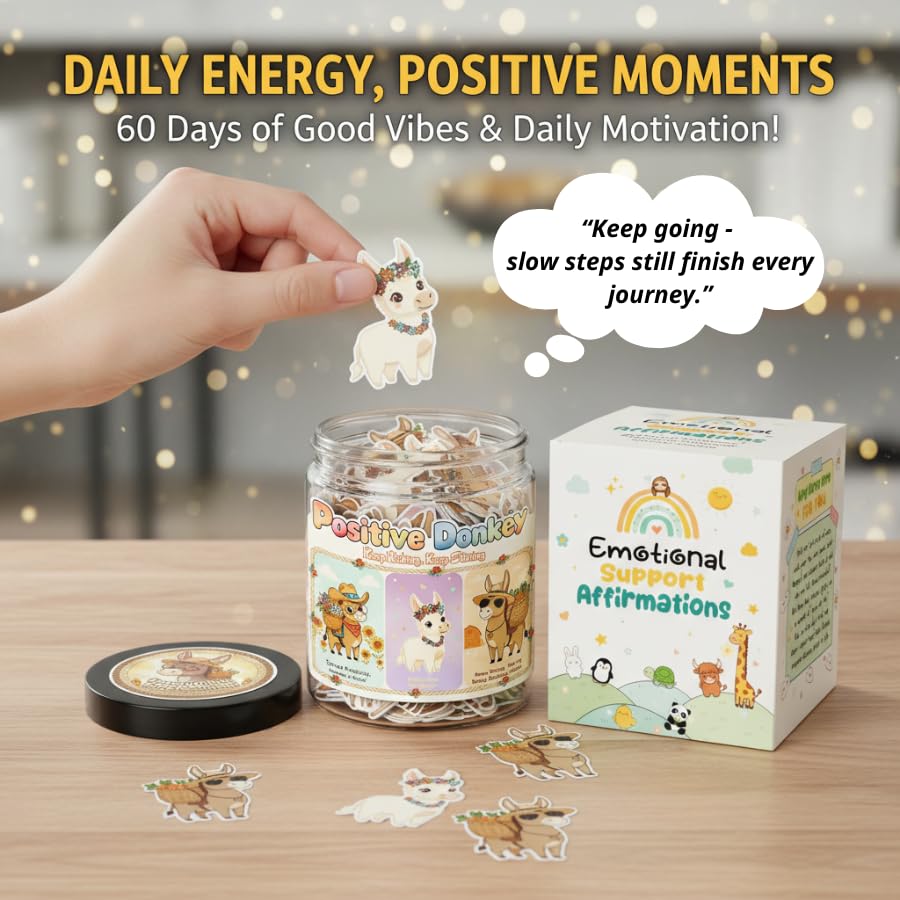 Positive Donkey Jar side view displaying cute donkey illustrations