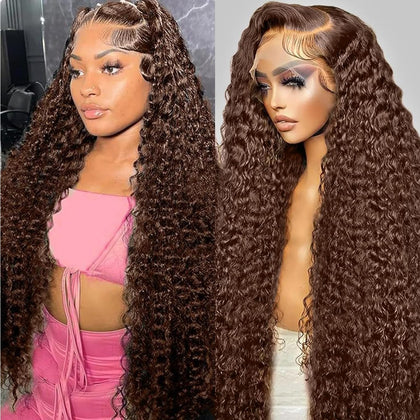 Poysew 30 Inch Chocolate Brown Deep Wave Lace Front Wig front view