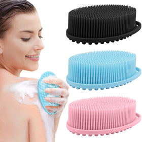 PQRUU Silicone Body Scrubber in pink, black, and blue colours
